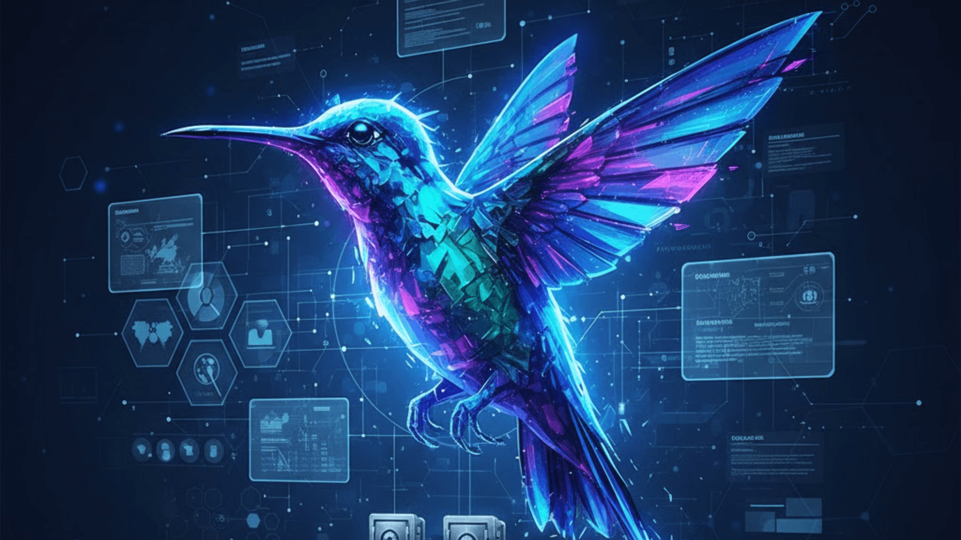 An abstract, 16:9 visualization representing high-performance collaboration software. In the center, a vibrant hummingbird made of crystalline, neon blue and magenta fragments is in mid-flight, symbolizing agility and lightning-fast speed. The bird is surrounded by floating, translucent interface panels and technical schematics connected by a delicate web of digital nodes. Below the hummingbird, a world map features glowing markers and "Data Sovereignty" labels next to secure vault icons, representing global data isolation. The entire composition is set against a deep navy background, conveying a sense of engineering precision, architectural scalability, and modern software efficiency.