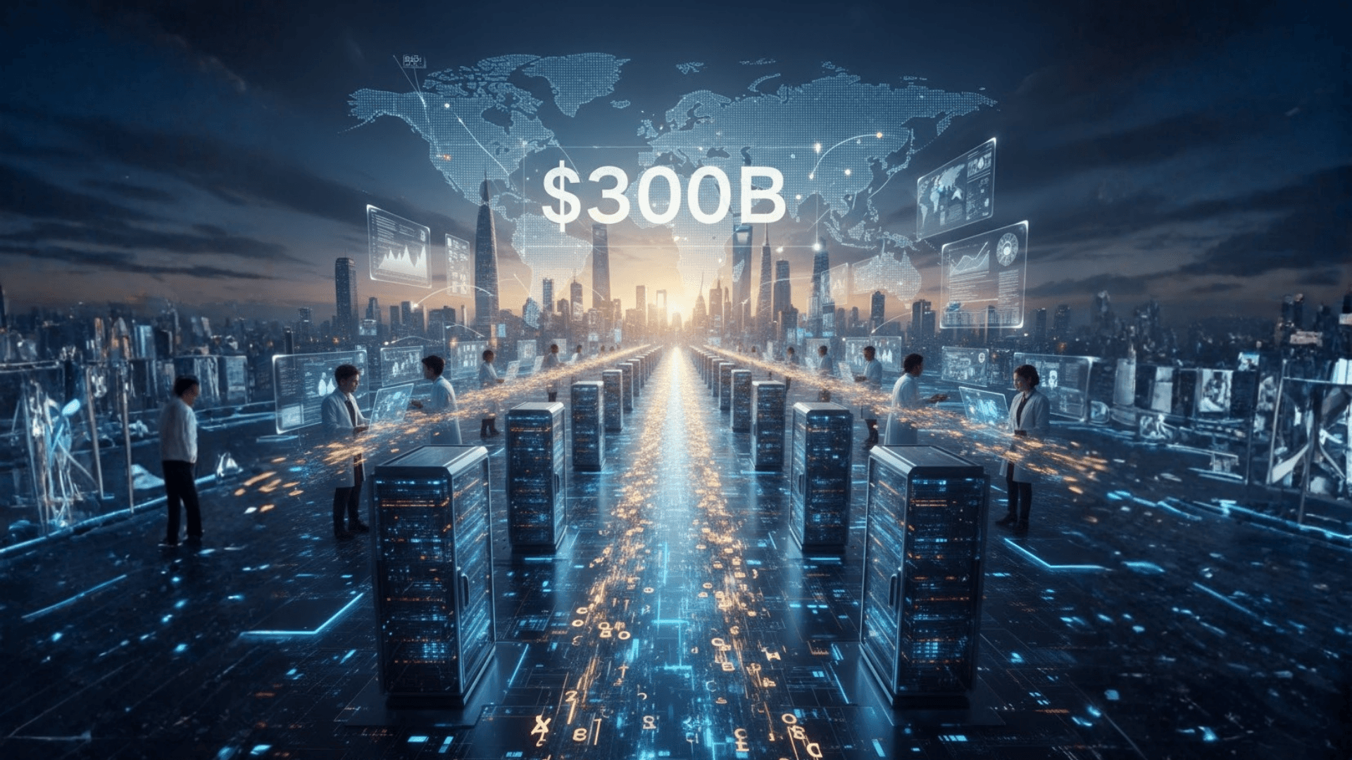 A wide, cinematic 16:9 landscape illustrating the massive scale of global AI investment. In the foreground, rows of glowing high-performance server racks line a central path made of flowing digital data and golden light streams, leading toward a futuristic city skyline. Scientists and engineers are positioned at holographic workstations throughout the midground, fine-tuning complex neural networks. A large, translucent digital display of the global map looms in the background, anchored by a prominent "$300B" financial marker, symbolizing the immense capital and high stakes of the international race for artificial intelligence dominance.