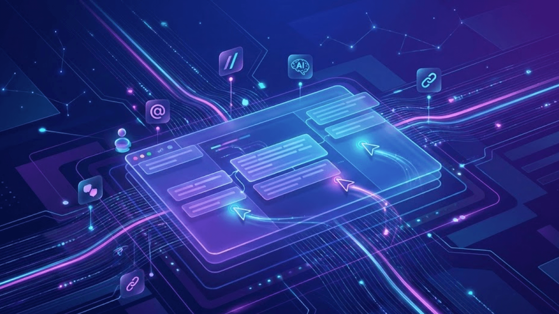 A futuristic, abstract 16:9 visualization of a high-performance collaborative text editor. A sleek, translucent interface floats in the center, featuring multiple glowing user cursors that signify real-time teamwork. The editor is surrounded by vibrant, neon-lit circuit pathways in purple and blue, with floating icons representing advanced features like AI assistance, slash commands, smart mentions (@), and internal linking. The dark, high-tech background and dynamic light trails emphasize speed, stability, and a modern, AI-enabled software environment.